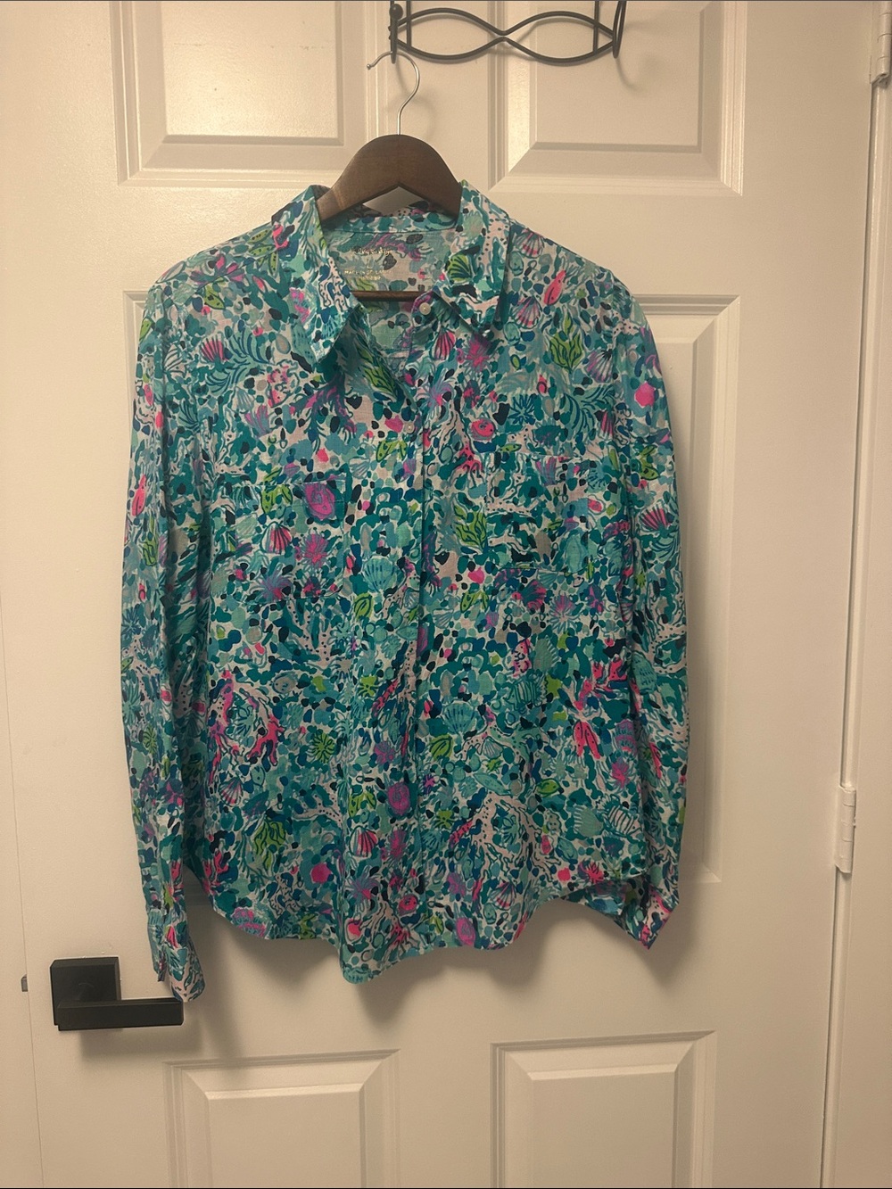 Lilly Pulitzer Teal Floral Button-Down Shirt with Pink & Green Accents